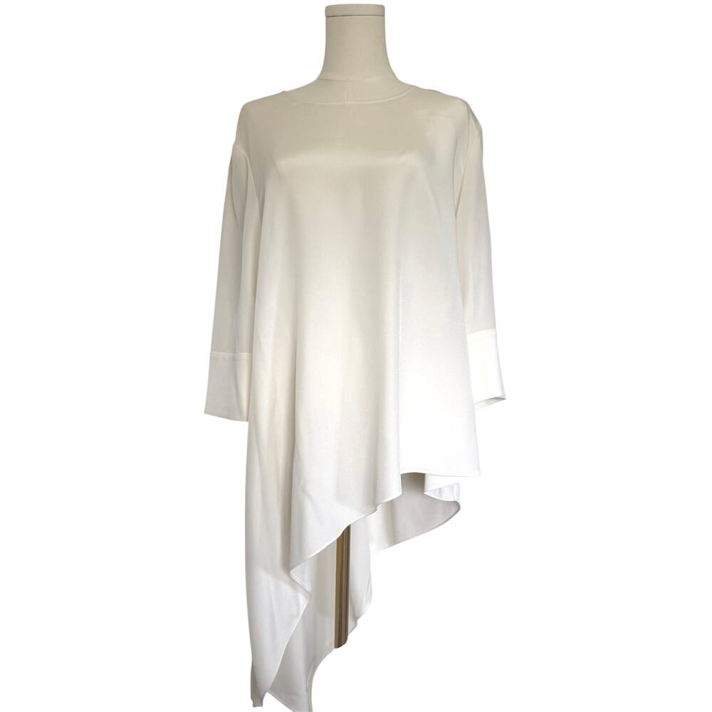 St. John L Silk Asymmetric Blouse White Draped Handkerchief Hem Quiet Luxury
